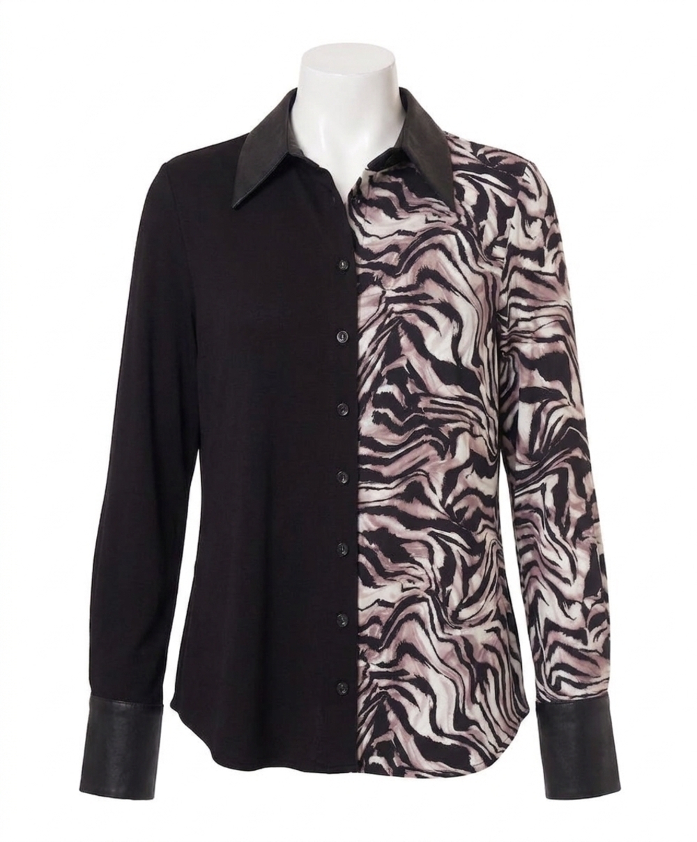 NEW ANGEL APPAREL animal print shirt wtih vegan leather trim in black/zebra